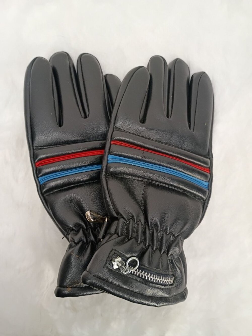 Vintage Black Leather Winter Gloves With Zippered Accent & Red/Blue Stripes Medi